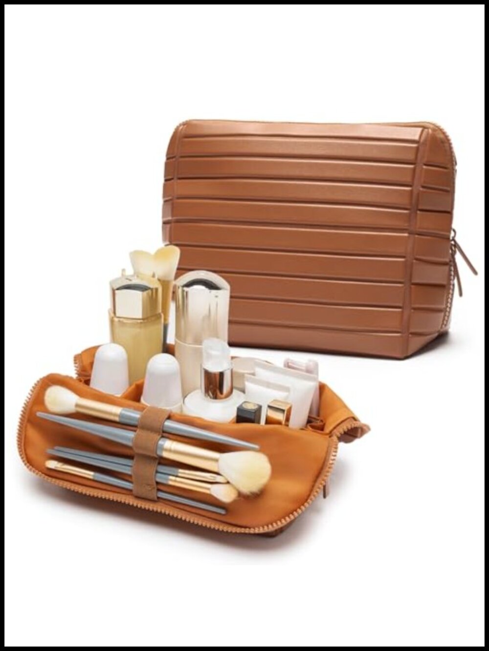 Faux Leather Travel Makeup Bag Large Capacity Fold-Down Cosmetic Organizer